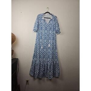 NWT Boho Blue Graphic Print Maxi Dress Patterned Self-Tie Ruffle Hem